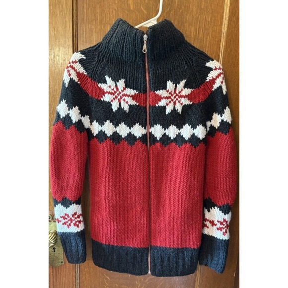 Handmade WoolRed Black Thick Knit Sweater Zip Lined Nordic Ski Lodge Cabin - Picture 1 of 14